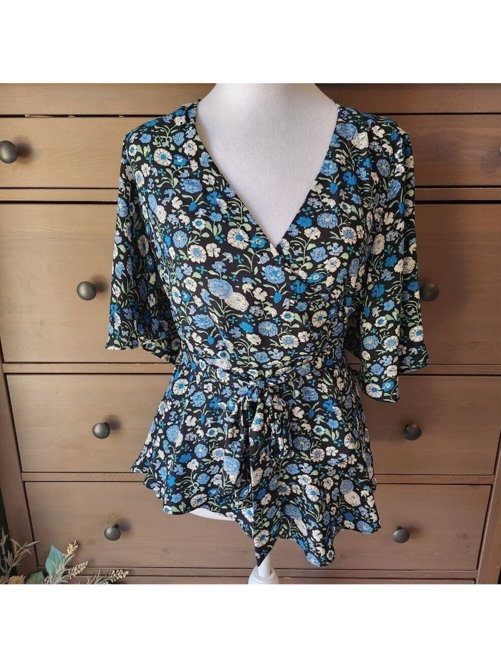 LOFT Floral V-Neck Wrap Top - Black and Blue